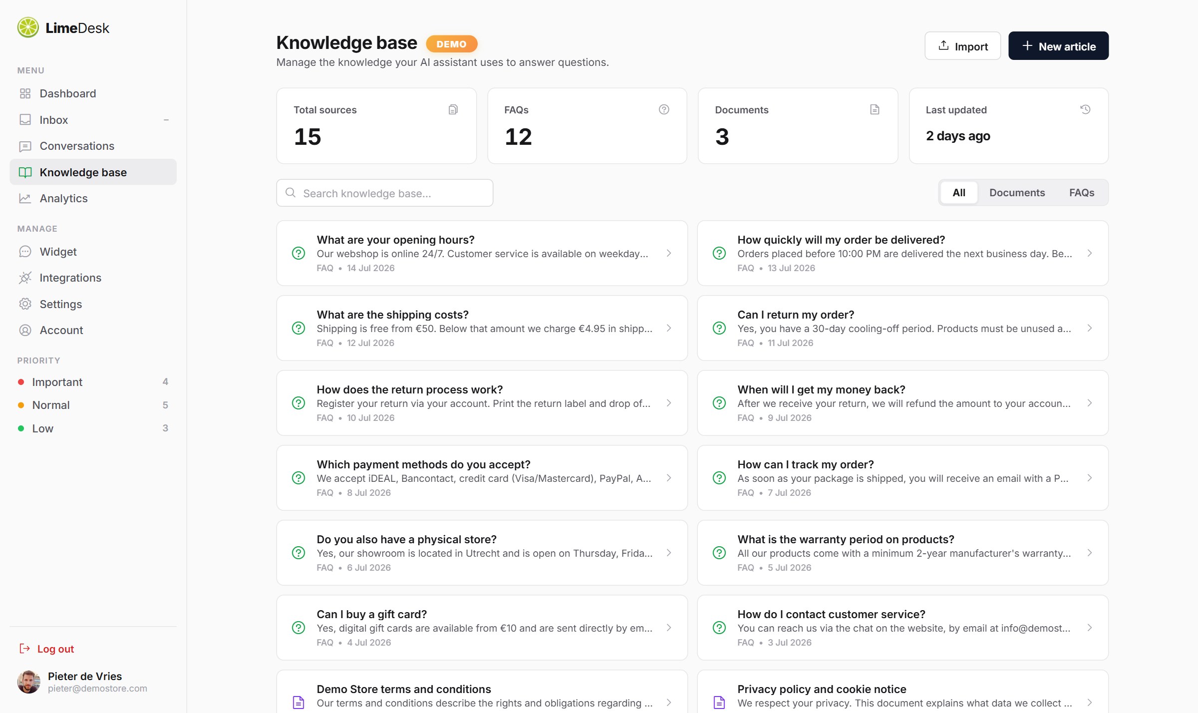 Dashboard — Knowledge base