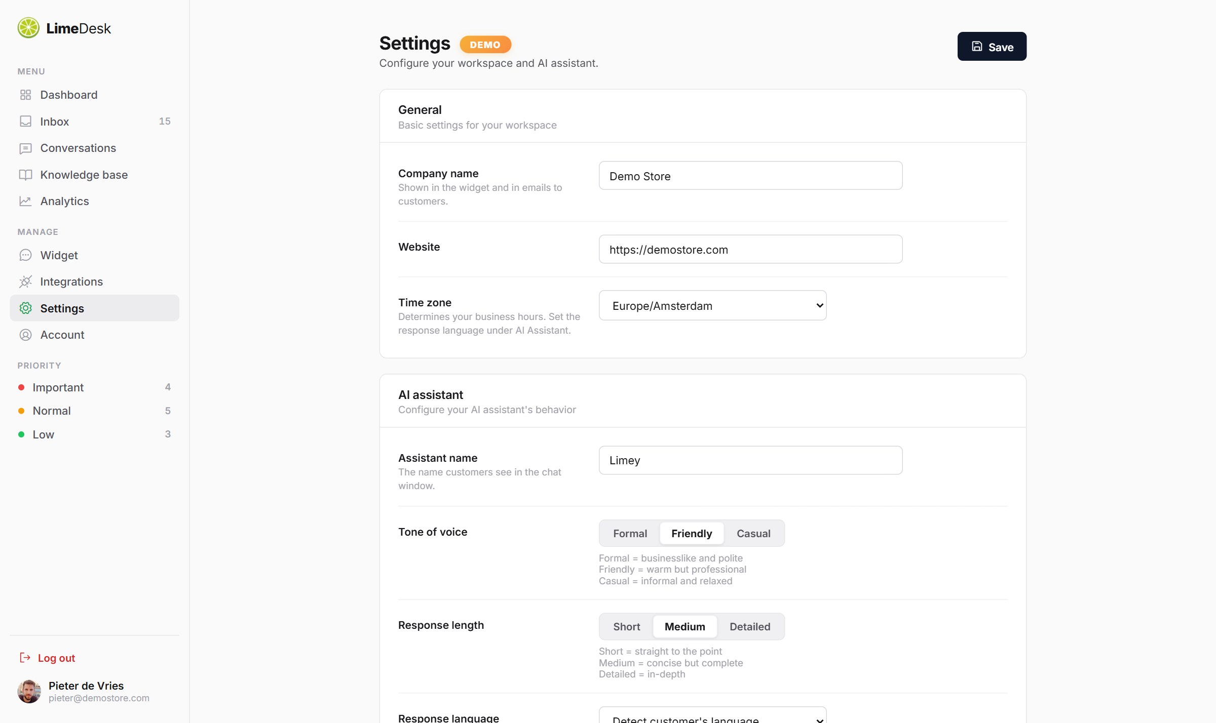 Dashboard — Settings