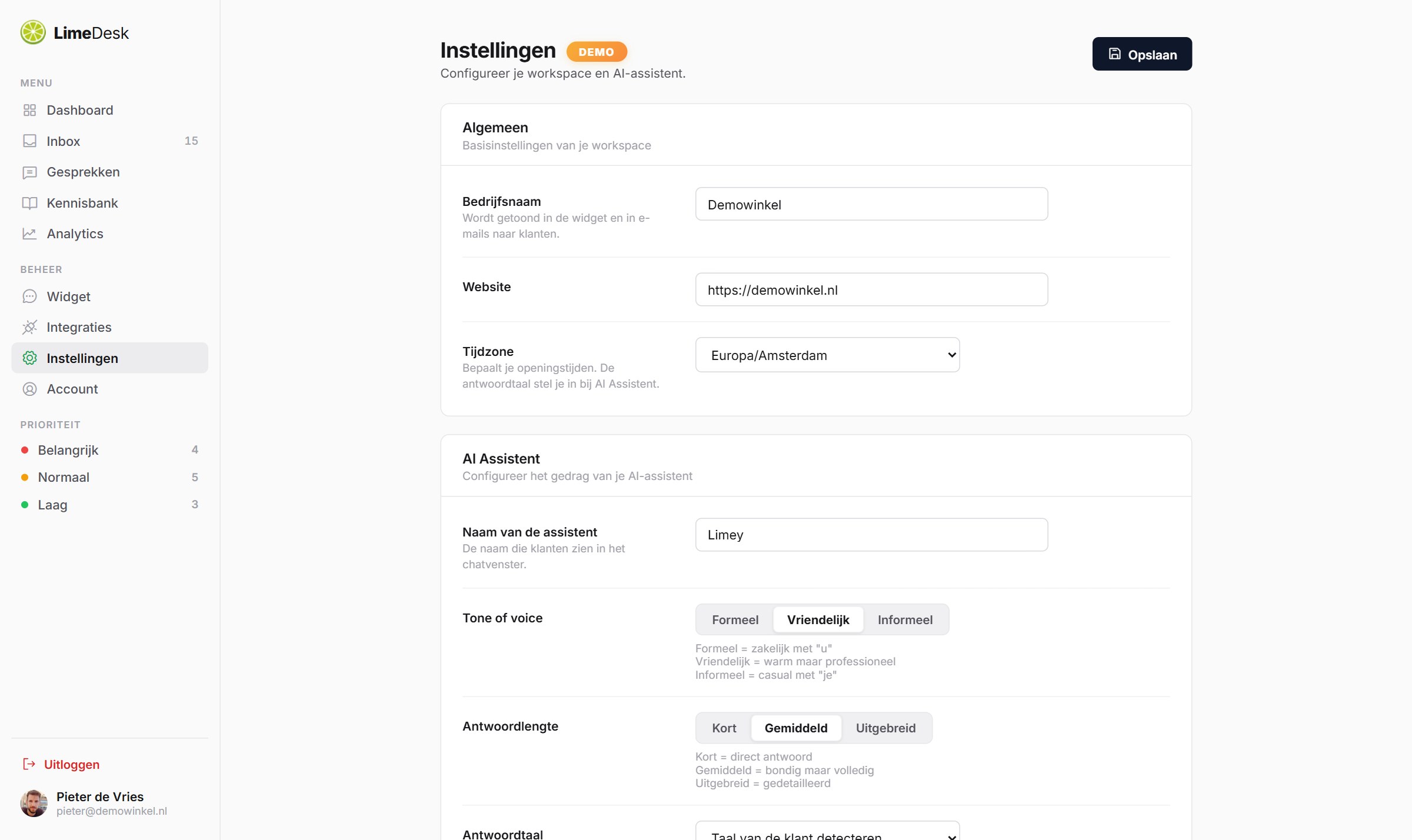 Dashboard — Instellingen